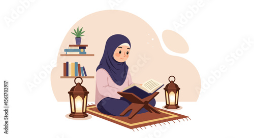 Muslim woman reading Quran during Ramadan with lanterns and books on shelves illustration