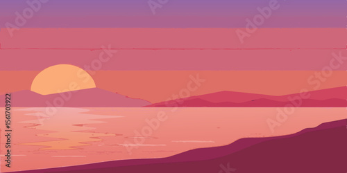 Sunrise or sunset over a majestic mountain landscape with vibrant orange clouds and a beautiful sky