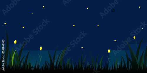 Starry night sky over a moonlit meadow with grass and flowers, a beautiful nature illustration