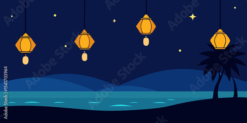 Moon and stars illuminate a dark night landscape with a lone tree silhouette under a blue, cloudy sky
