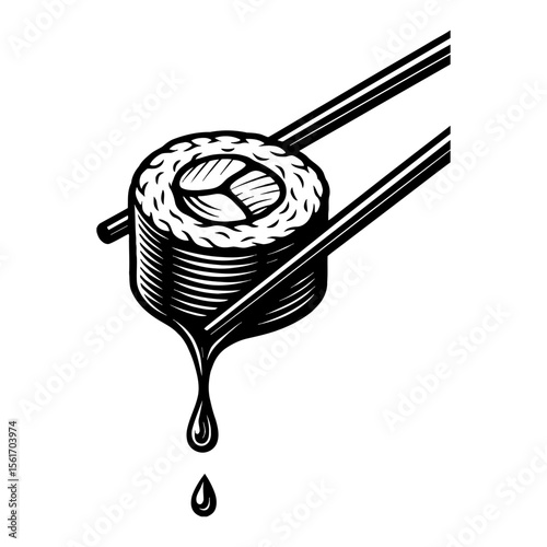 Black and White Outline Line Art Drawing of Sushi Roll with Chopsticks Drip Sauce Isolated