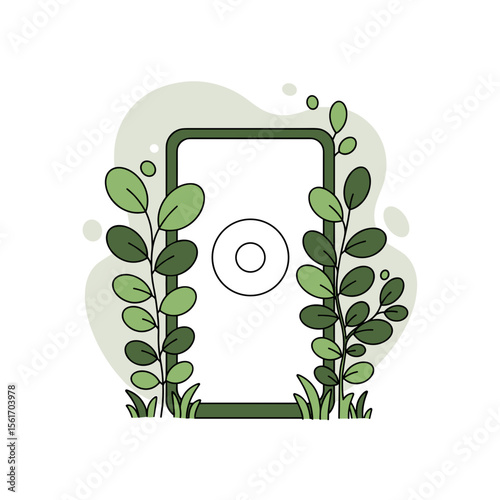 Smartphone surrounded by green leaves and plants in a minimal style  