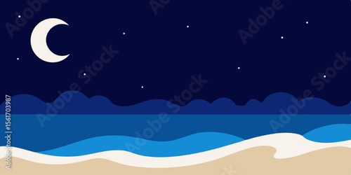 Moonlit night sky over a calm sea, with stars twinkling above the summer beach landscape