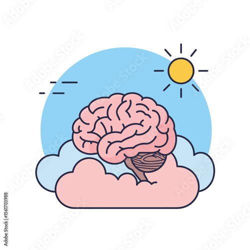 Brain illustration floating among clouds with sun in the background  
