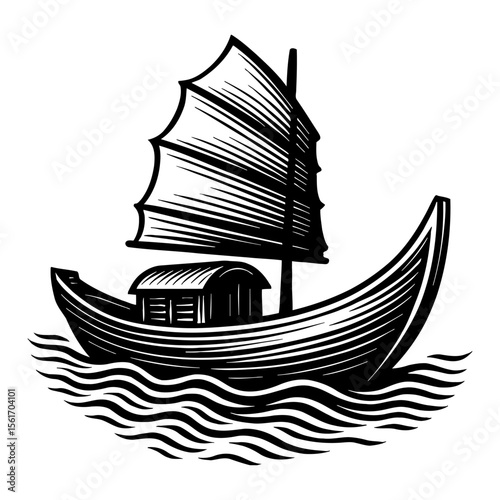 Traditional Junk Boat on Waves Side View in Classic Black and White Outline Line Art Drawing Style
