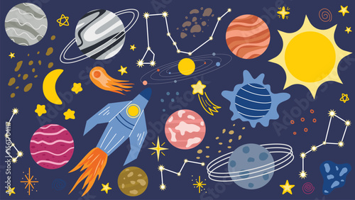 Set of space elements including planets, sun, meteors, constellations, stars, spaceship and stardust. Cute hand drawn stylized universe for school education. Astronomy poster, vector graphic