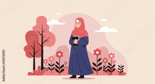 Illustration of a Muslim Woman in a Hijab Holding a Book in Nature