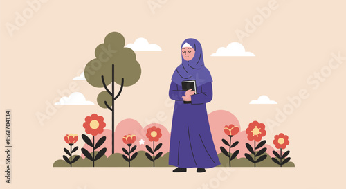 Muslim woman in hijab holding a book in a garden illustration with flowers
