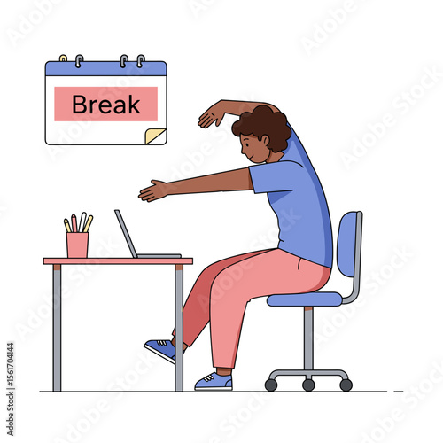 Young black woman stretching during break at home office desk  