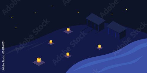 Christmas night winter landscape illustration with snow, a glowing moon, and a festive village scene under a starlit sky