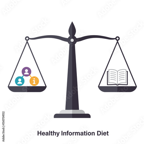Healthy information diet concept with balanced scale and symbols  