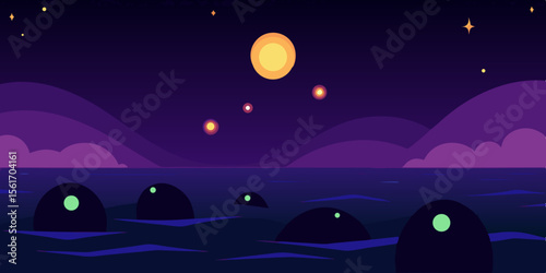 Night city landscape with a full moon illuminating the dark sky and silhouetted trees