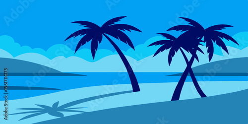 Tropical paradise island beach with palm trees and a summer sunset over the ocean