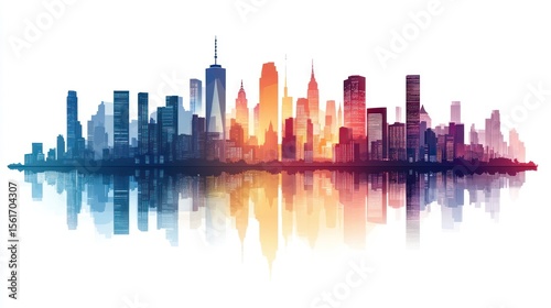 Colorful NYC Skyline Reflection, Urban Horizon, Vibrant Cityscape, Photorealistic Illustration, for use in advertising or design