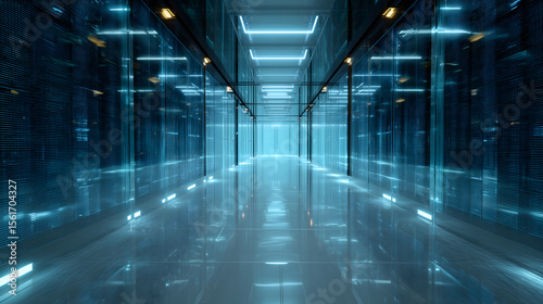 Futuristic data center corridor with glass walls and neon blue lights
