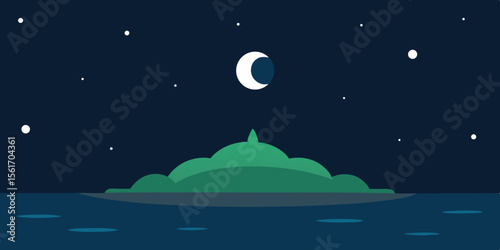 A dark winter night sky with a mysterious blue UFO silhouette against the moon and stars over a tranquil mountain landscape