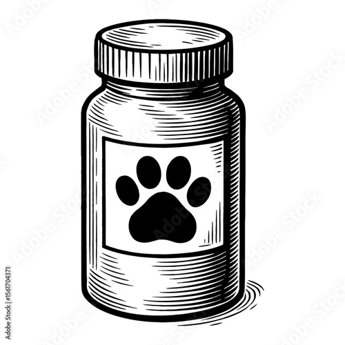 Pet Paw Medicine Bottle Line Art Drawing in Black and White Outline Isolated Vector Design