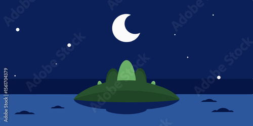 Moon and stars illuminate a dark night sky over a serene water landscape
