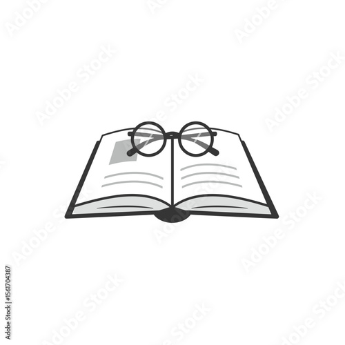 Open book with reading glasses on a white background  