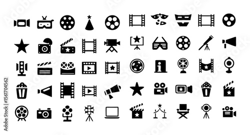 Cinema Outline Icon Set – Editable Stroke Vector with Movie, Film, TV, Video, Popcorn, Theater Screen, Camera, and Entertainment Symbols
