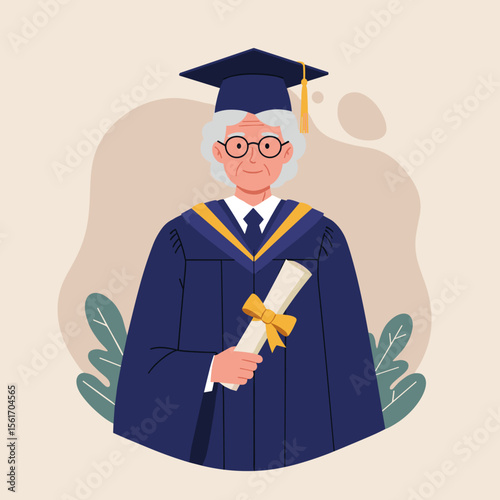 Elderly man in graduation gown holding diploma with smiling expression  