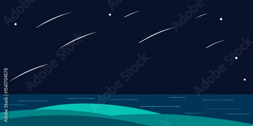 Starry night sky over the deep blue ocean with moonlit clouds and a distant horizon