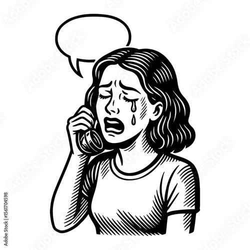 Woman Crying While Calling Using Telephone Black and White Outline Line Art Drawing