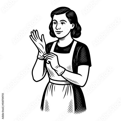 Woman Wearing Glove in Vintage Style Black and White Outline Line Art Drawing Vector Art