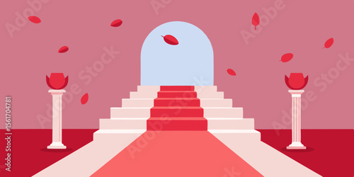 Luxury red carpet stairway to success, a 3D concept illustration of a heaven-bound entrance