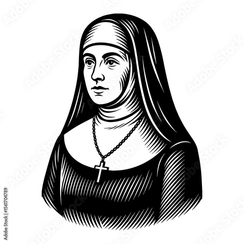 Nun with Cross Chain Black and White Outline Line Art Drawing in Engraving Style Illustration