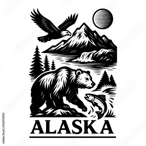 Alaska Bear Eagle and Salmon with Mountain Black and White Outline Line Art Drawing