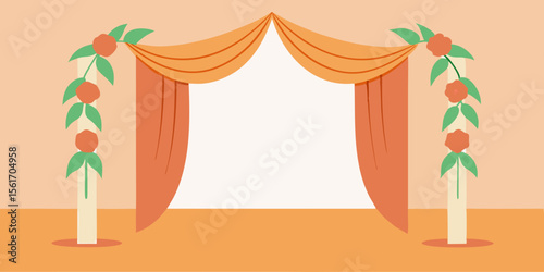 Red velvet theater curtains with classic golden frame illustration