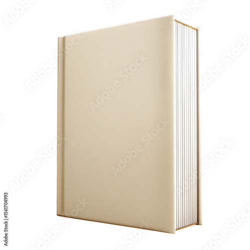 A closed blank beige hardcover book with many pages standing upright isolated on transparent background