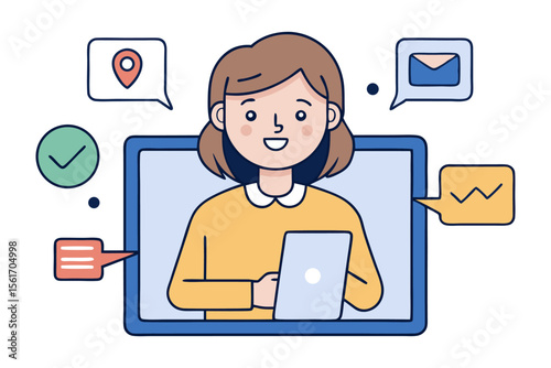 Online Communication: A cheerful young woman smiles warmly as she uses a tablet, surrounded by communication icons that represent successful messaging, location sharing, and email correspondence.