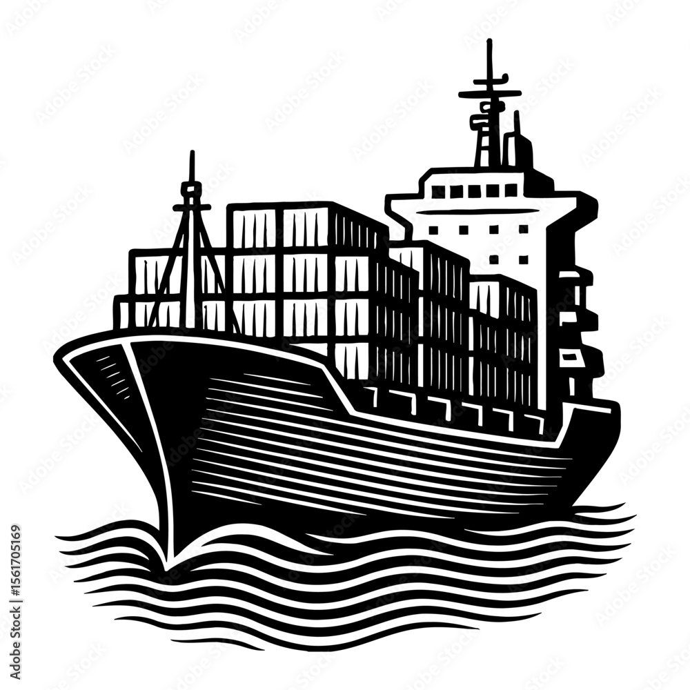 Obraz premium Modern Container Cargo Ship Sailing Across Ocean Waves Black and White Outline Line Art Drawing