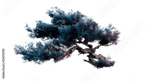 Gnarled branchy tree with detailed foliage, cut out transparent