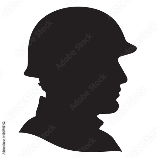 Silhouette of a soldier wearing a helmet profile representation on a clean white background