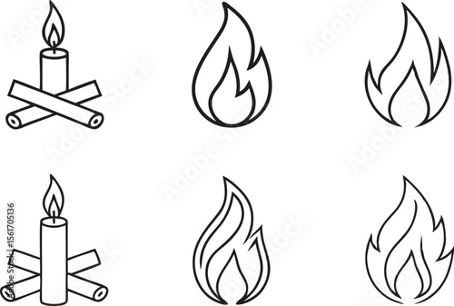 Fire Clipart Illustration Set Featuring Flames Bonfire and Heat Elements in Clean Style. Realistic and Cartoon Fire Clipart for Emergency Safety and Creative Design Use. Flat Style Fire Clipart