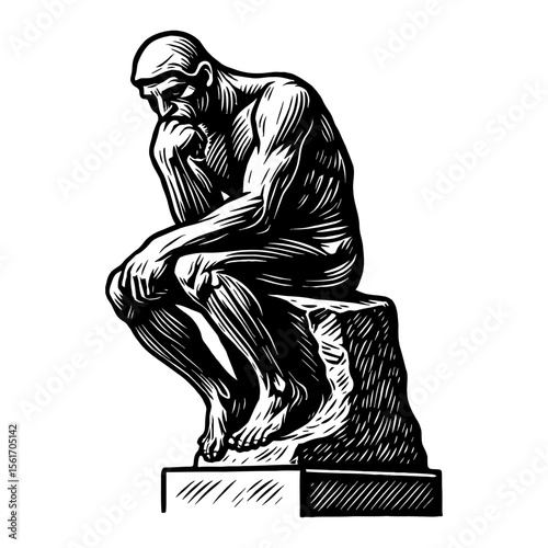 Classic Thinker Statue Black and White Outline Line Art Drawing Male Figure Pondering Sculpture
