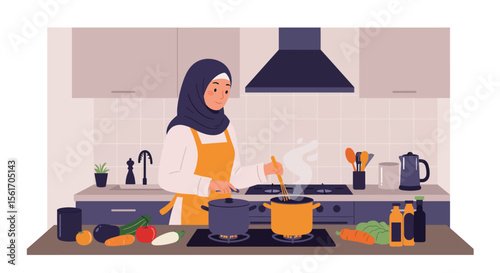 Muslim woman cooking in kitchen with hijab and apron preparing healthy meal