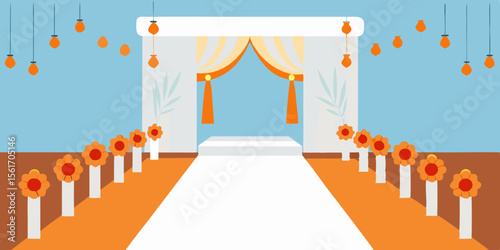 Elegant Wedding Ceremony Setup Aisle Decor with Orange Flowers and Lights