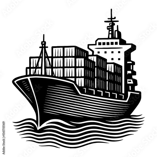 Modern Container Cargo Ship Sailing Across Ocean Waves Black and White Outline Line Art Drawing