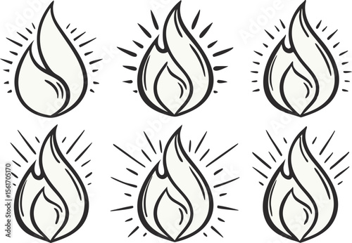 Fire Clipart Illustration Set Featuring Flames Bonfire and Heat Elements in Clean Style. Realistic and Cartoon Fire Clipart for Emergency Safety and Creative Design Use. Flat Style Fire Clipart