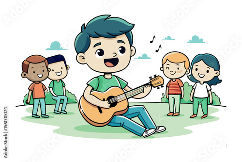 Musical Harmony: A charming illustration depicts a young man enthusiastically strumming a guitar, surrounded by a group of children, creating a joyful and harmonious musical moment.