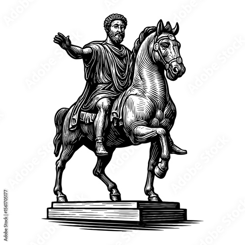 Ancient Roman Emperor Figure on Horseback Equestrian Statue Vintage Style Black and White Outline Line Art Drawing