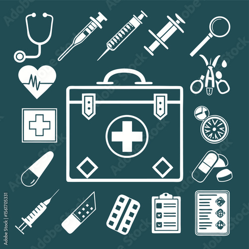 Medical icons first aid kit and healthcare tools vector illustration