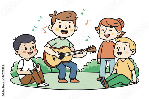 Harmonious Melody: A group of cheerful individuals gathers to sing a song in a park with musical notes adding to the joyous atmosphere.