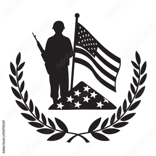 Silhouette of a soldier with the american flag symbolizing veterans day or memorial day
