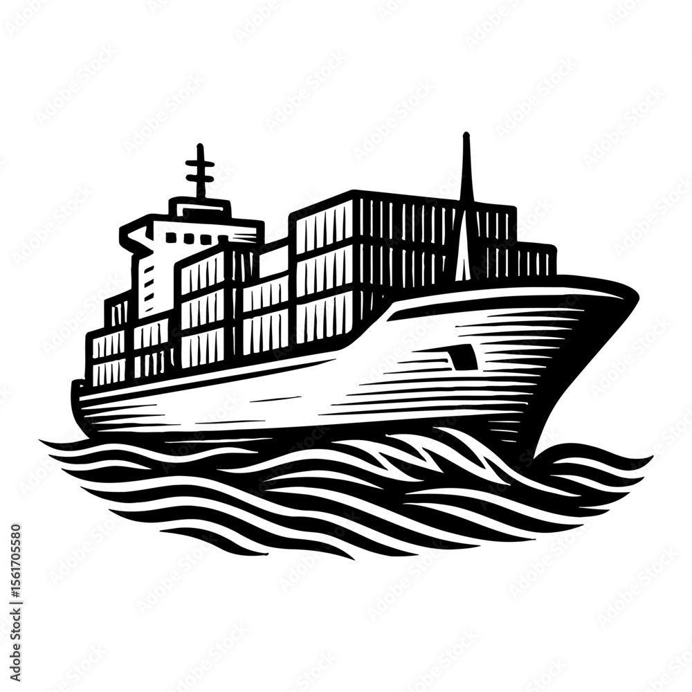 Obraz premium Large Freight Container Ship Floating on Ocean Waves Side View Vintage Black and White Outline Line Art Drawing