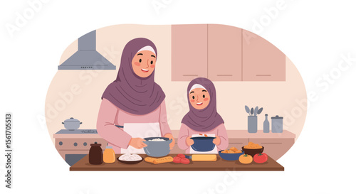 Muslim mother and daughter cooking together in the kitchen wearing hijab and aprons